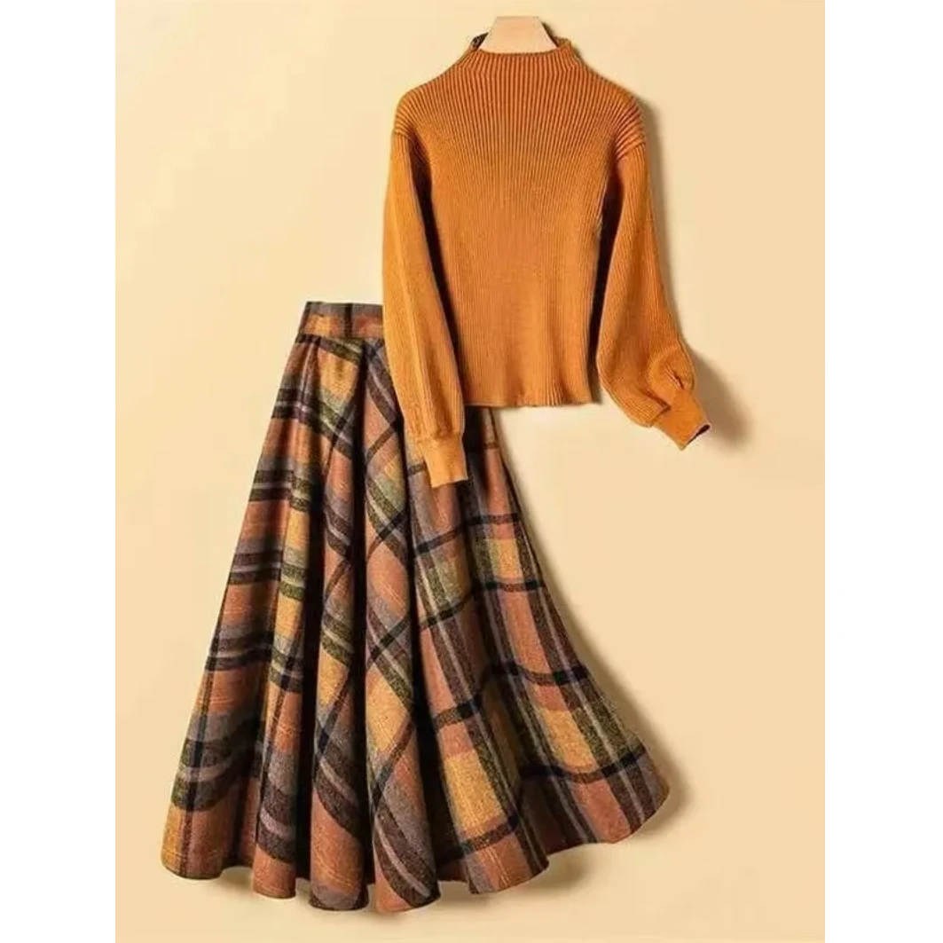 

Fashion Retro Knitted Sweater Women's Autumn and Winter New High-grade Plaid Skirt Two-piece Set for Women