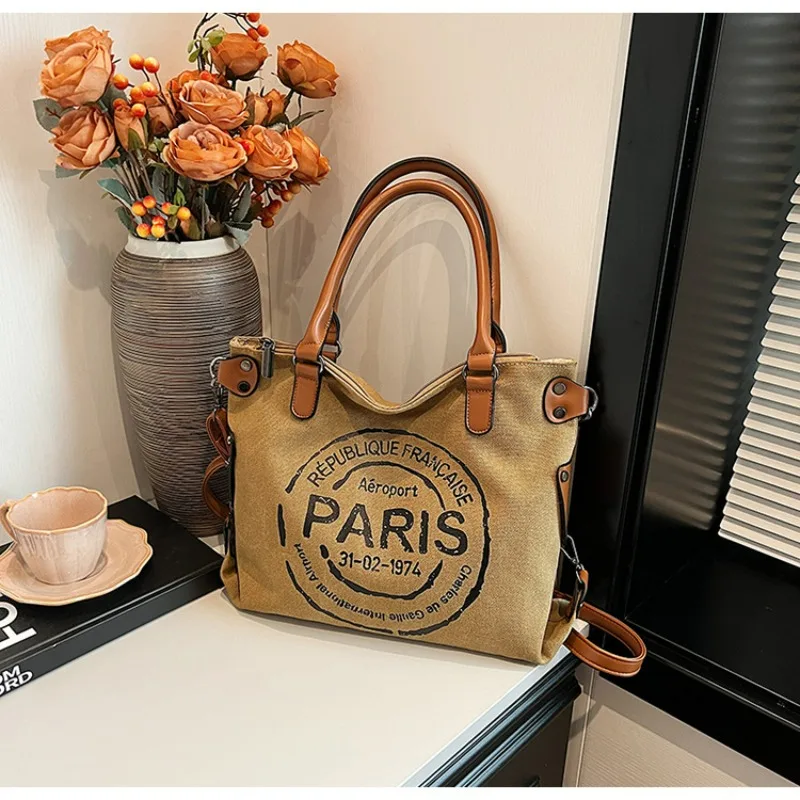 

Large Retro Canvas Tote Bag - Adjustable Shoulder Strap Vintage Paris Stamp Print - Stylish Crossbody Bag for Women