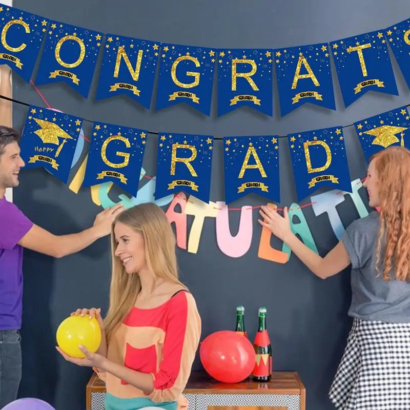 Blue And Gold Congratulations Graduates Banner Blue Graduation Pull Flag Graduation Decorations Class Of 2024, Blue Gold Banner