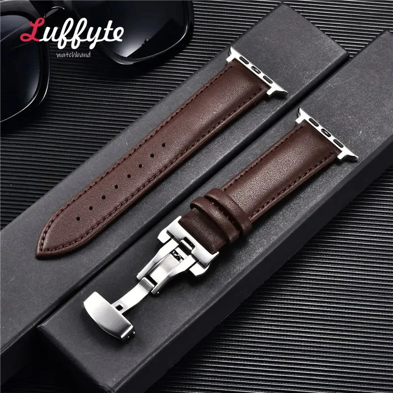 Leather Watch Band for Apple Watch Ultra 9 8 7 6 5 4 3 with Butterfly Clasp for Iwatch 38mm 40mm 41mm 42mm 44mm 45mm 49mm Straps