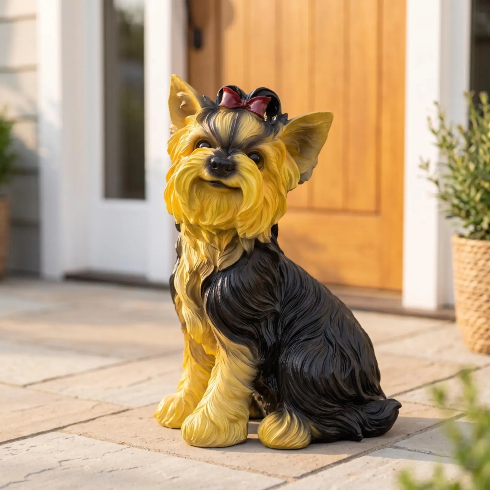 Lifelike Yorkshire Terrier Figurine Resin Sculpture Glossy Coat Detail for Garden Courtyard Entryway Decor