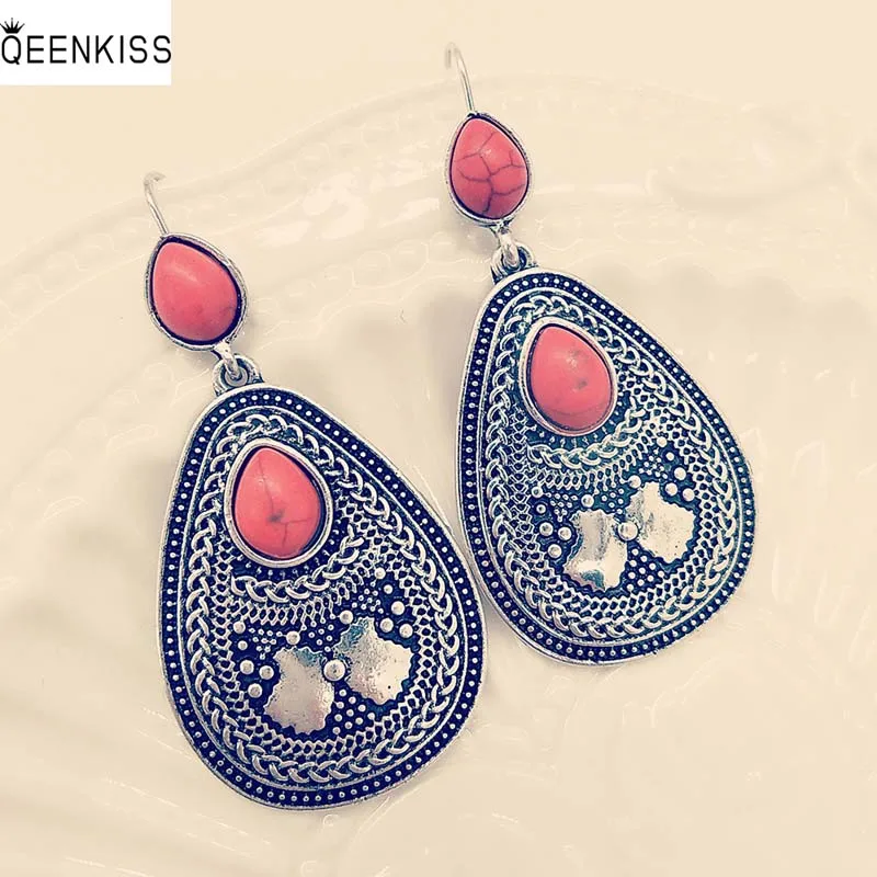 

QEENKISS EG6240 Jewelry Wholesale Fashion Woman Girl Birthday Wedding Gift Water Drop Turquoise Antique Silver Drop Earrings