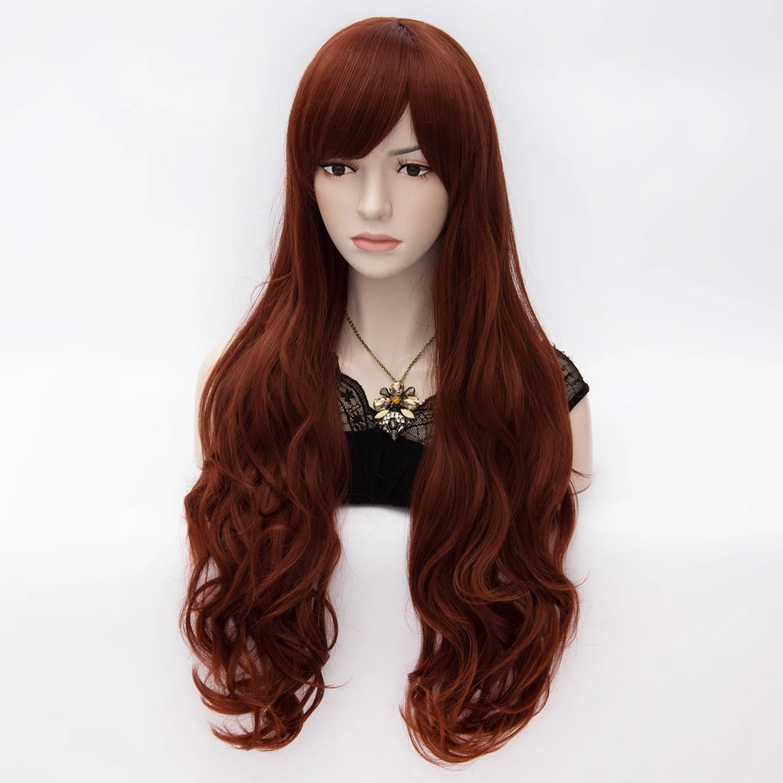 Brown Synthetic Long Curly Deep Auburn Wave Wig with Side Bangs for Women Cosplay Daily Party Fake Hair Heat Resistant
