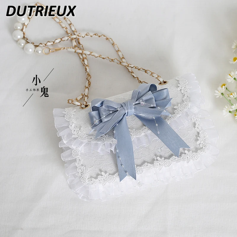 

Japanese Style JK Pearl Bow Bag Summer Autumn Sweet Cute Lace Lolita Bags Handmade Girl One-Shoulder Handbags All-Matching