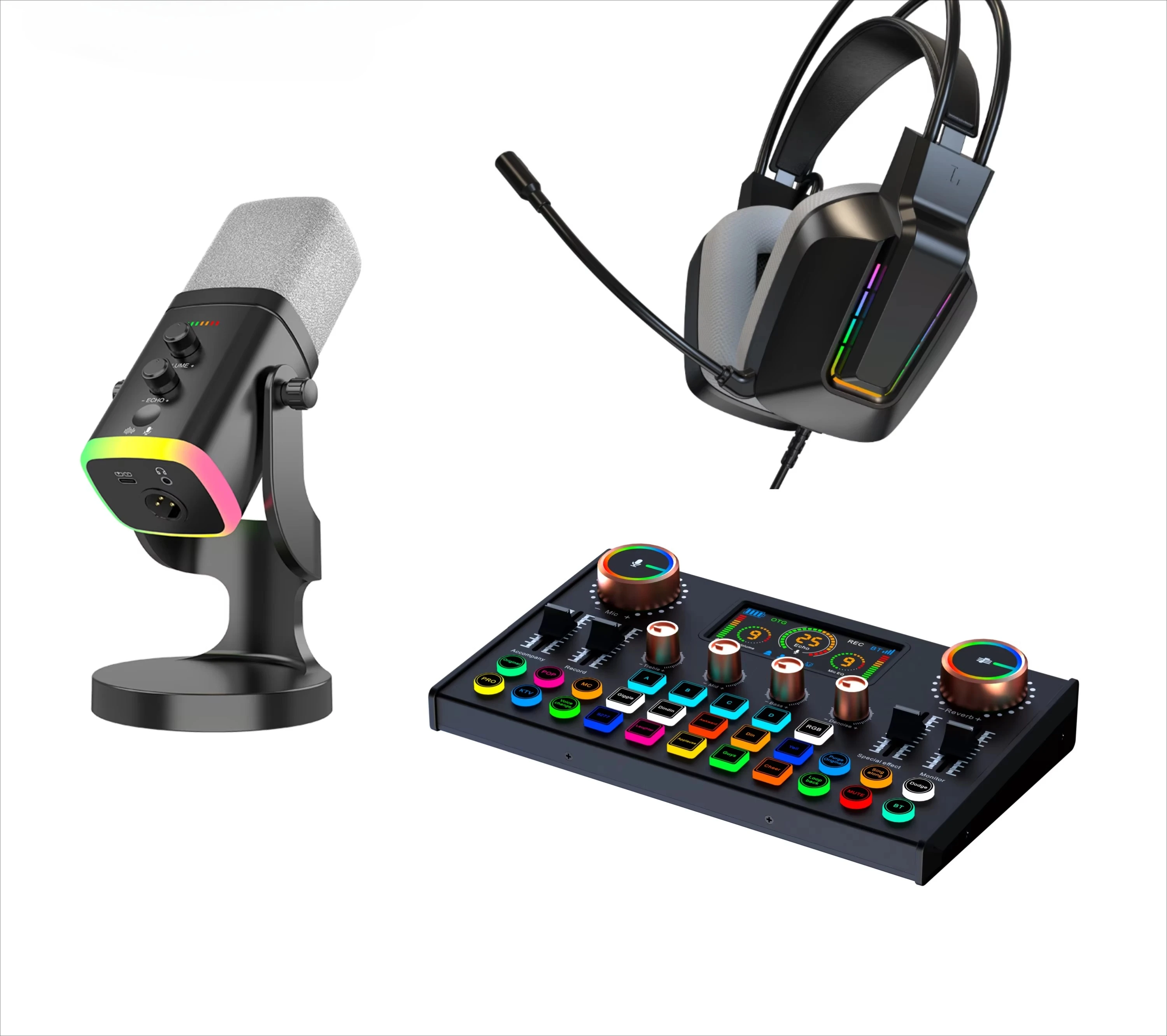 

Комплект для стриминга с интеллектуальной звуковой картой для восстановления звука, динамическим микрофоном и гарнитурой для игровых трансляций