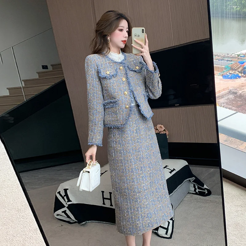 Autumn and Winter Women Tweed Suit High-class Celebrity Retro Round Neck Single-breasted Blazer Jacket Mid-length Skirt 2pcs set