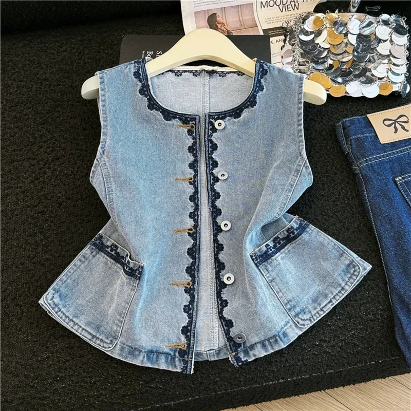 

Vintage Embroidery Blue Short Denim Vest 2026 Summer Women New Round Neck Single-Breasted Long Sleeve Slim Thin Cowboy Waistcoat