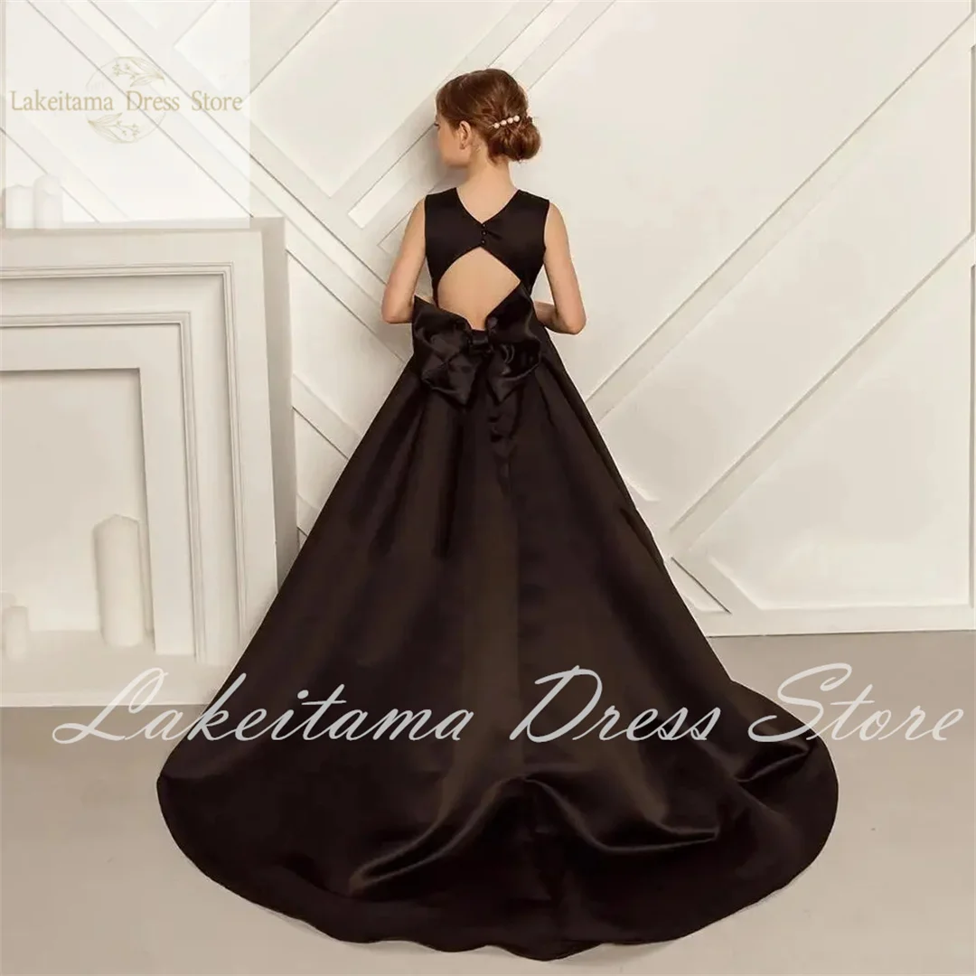 Schwarzes Satin Blumen mädchen Kleid für Hochzeit rücken frei ärmel los mit Bogen Leistung Geburtstag Prinzessin Kleid Ballkleider