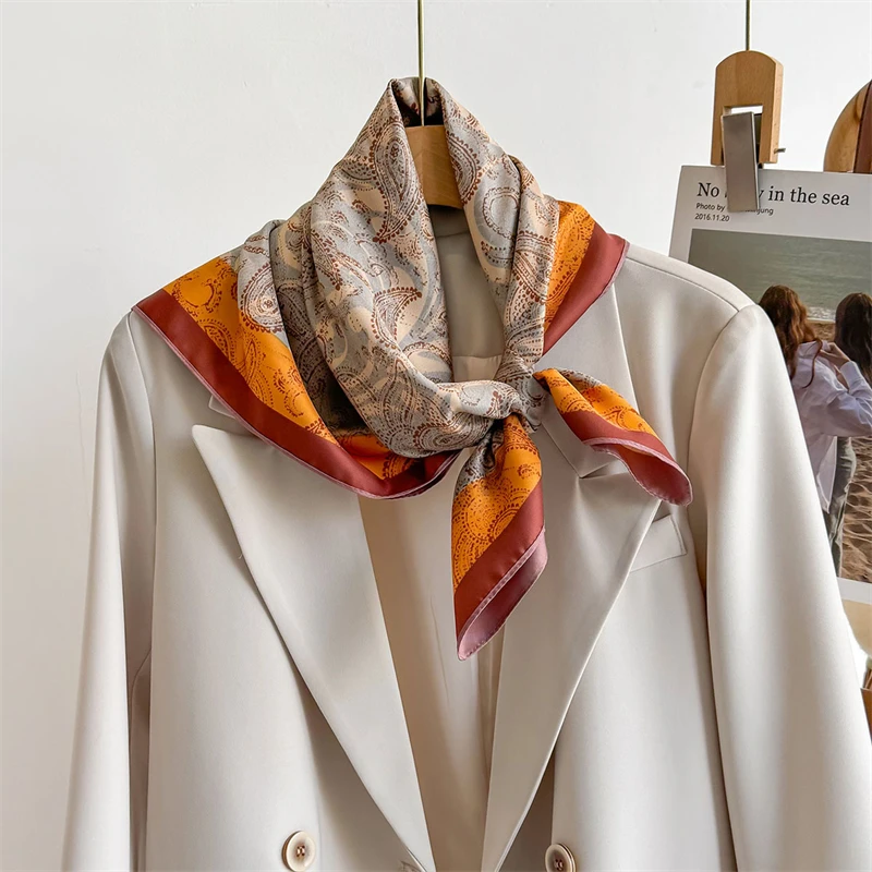 

70cm Luxury Brand Square Scarf Design Double Side Shawl Wrap Print Twill Silk Women Hijab Female Foulard Headband Bandana