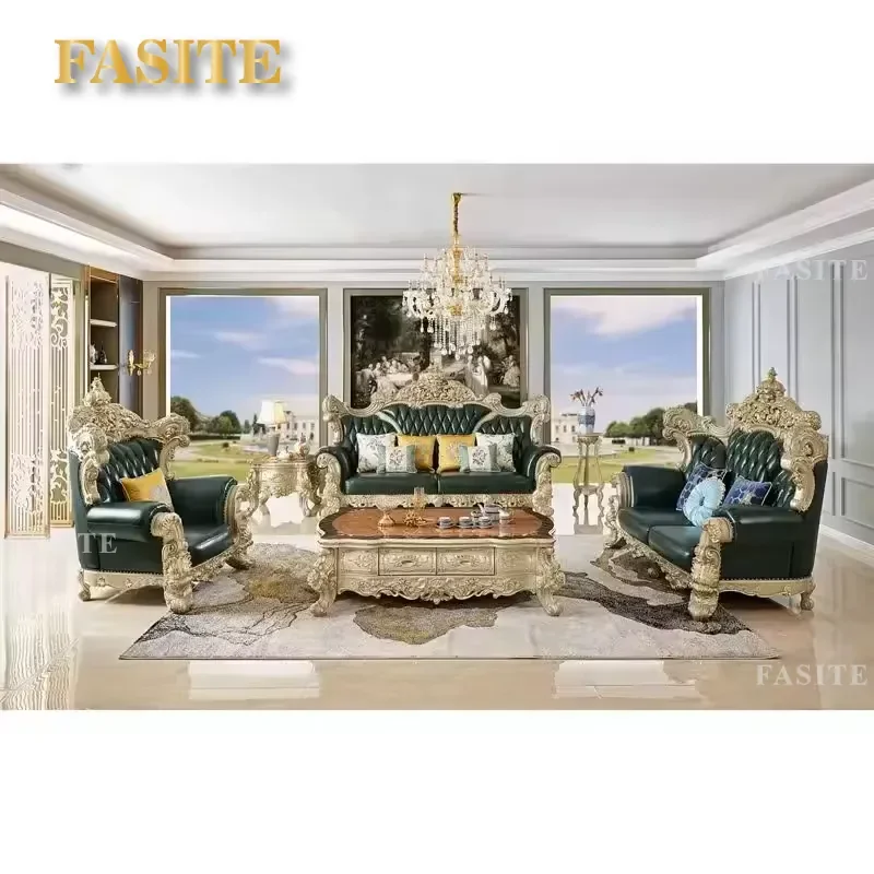 For European Luxury Wooden Sofa Royal Classic Living Room Furniture Couch Set Carved Wood Leather Sectional 1 2