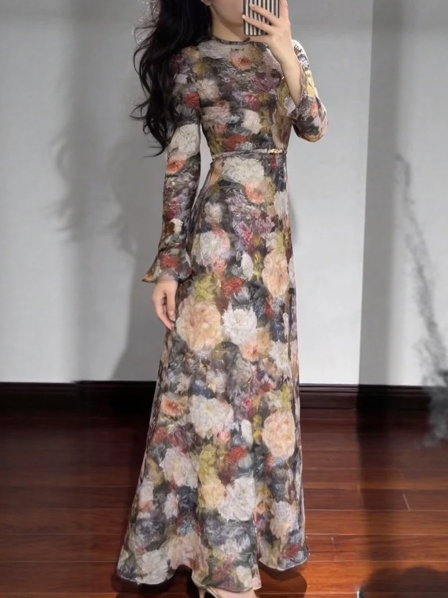 

Elegant Silk Linen Long Sleeve Printed Waist Cinched Dress Citywalk Casual Tourist A-Line Gown Bell Sleeve round Neck Dress