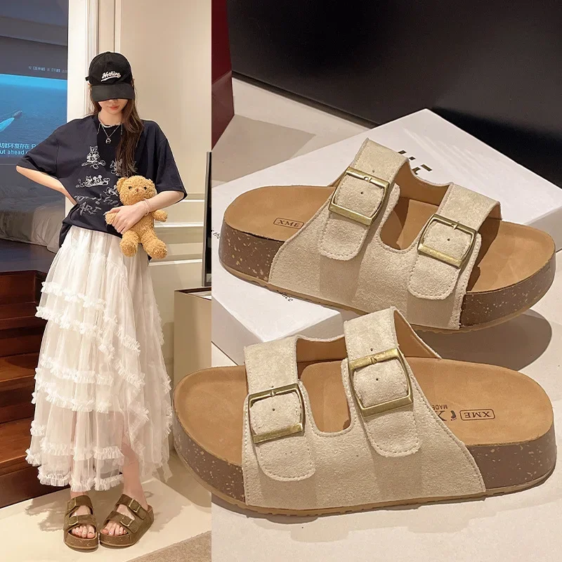 أحذية نسائية مسطحة للشاطئ في الهواء الطلق شباشب كاجوال بنعل سميك من الجلد ونعل الفلين صنادل وشباشب