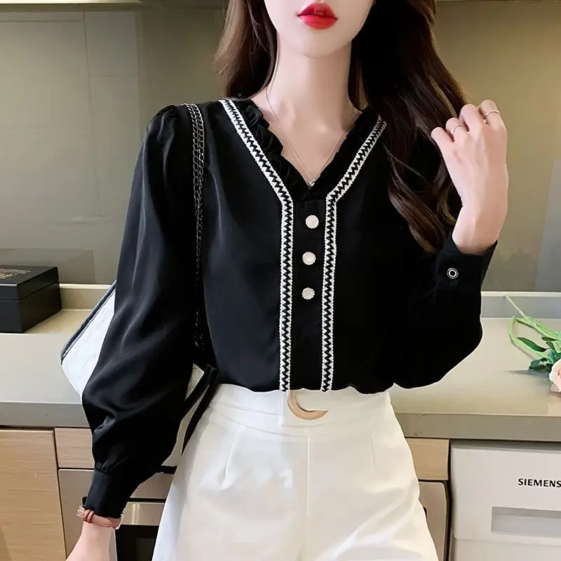 Ruffle Lace Patchwork Elegant Chic Sweet Black White Commute Blouse Top Women 2023 Spring Autumn Fashion Slim Long Sleeve Shirts