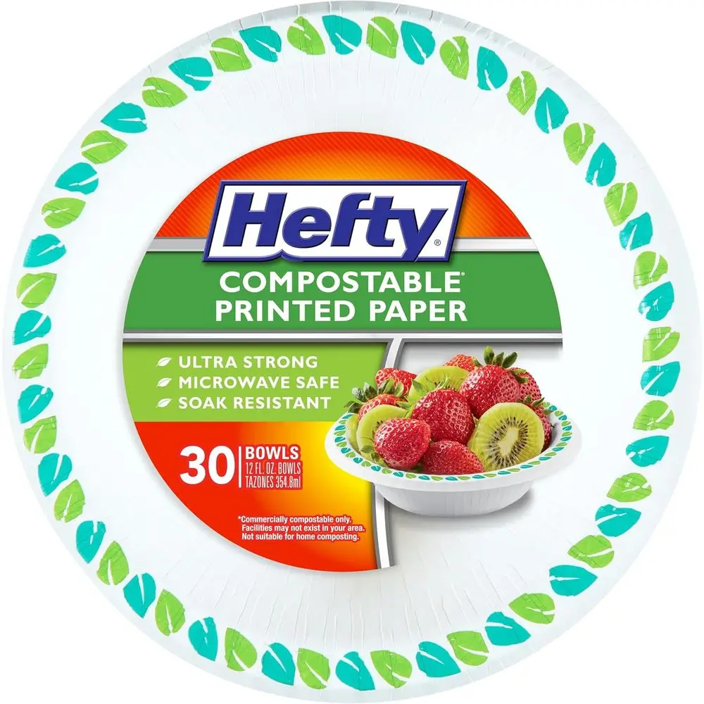 

Plant-Based 12 oz Compostable Paper Bowls, 30 Pack, Ideal for Disposable Use at Parties, BBQs, and Everyday Meals, Microwave Saf