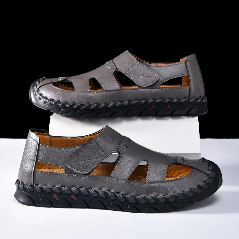 صنادل جلدية رومانية صيفية للرجال - نعل ناعم غير قابل للانزلاق كاجوال للرياضات الخارجية والقيادة على الشاطئ