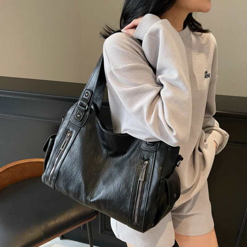 

Fashion Soft Leather Texture Women's Bag Multiple Zippers Shoulder Bag Commuting Tote Handbag Travel