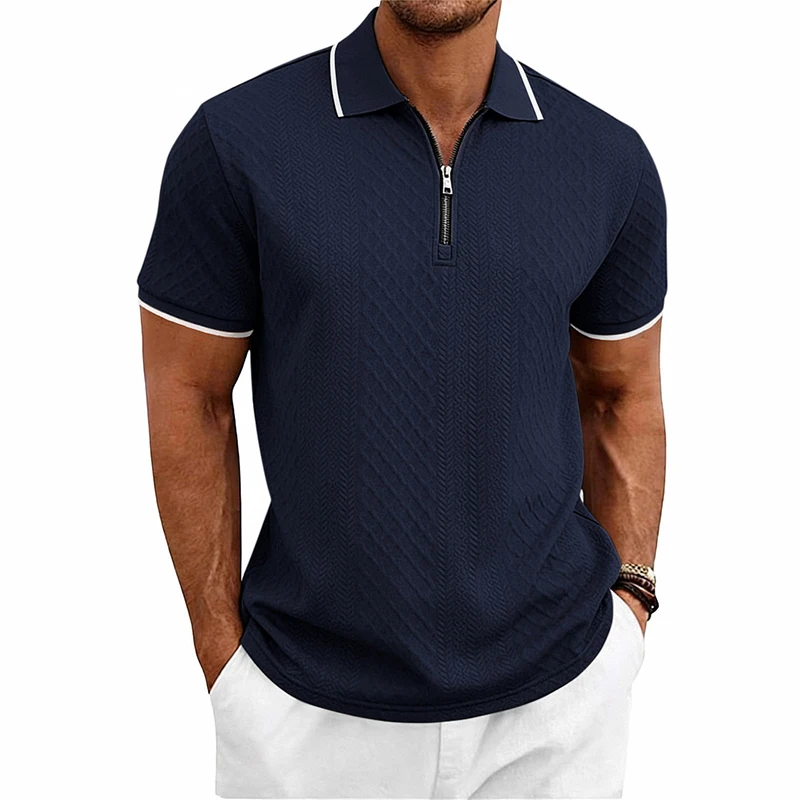 Sommer Herren Casual Business Kurzarm 9-Farben Jacquard 1/4 Reißverschluss Poloshirt | Strukturiertes Polo-Top mit Reißverschluss und kurzen Ärmeln – Detail 25