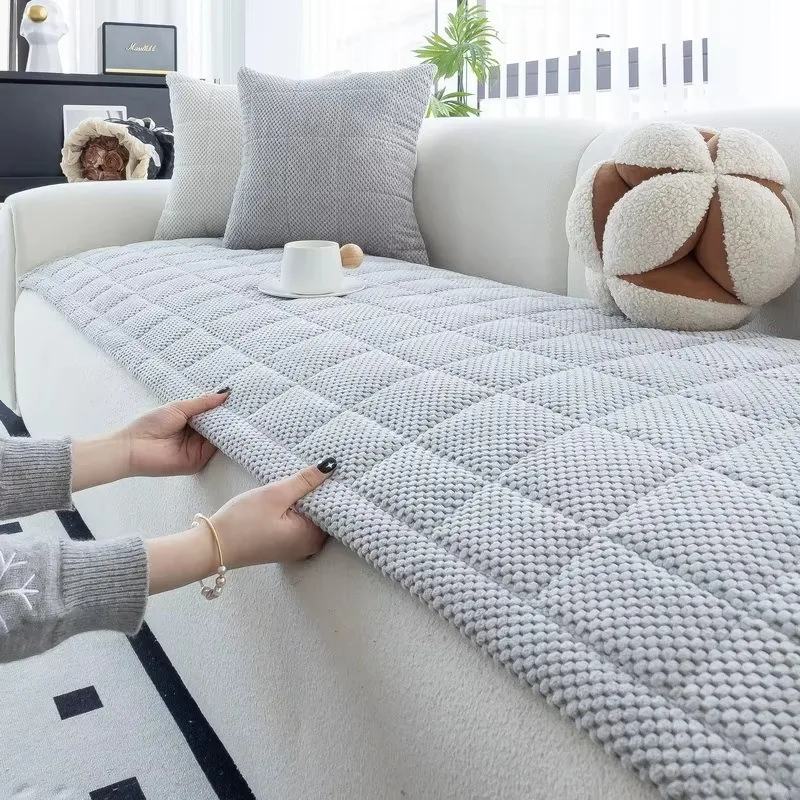 Pineapple Grid Corduroy Thick Sofa Seat Pad, Winter Warm Plush Quilted Non-Slip Soft Couch Cushion Cover Living Room Decor