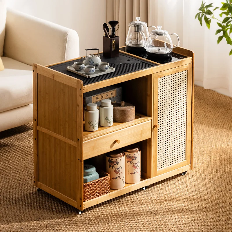 Mobile tea table  cart Home cabinet Solid wood with wheel coffee table Kung Fu tea set Boiling water integrated