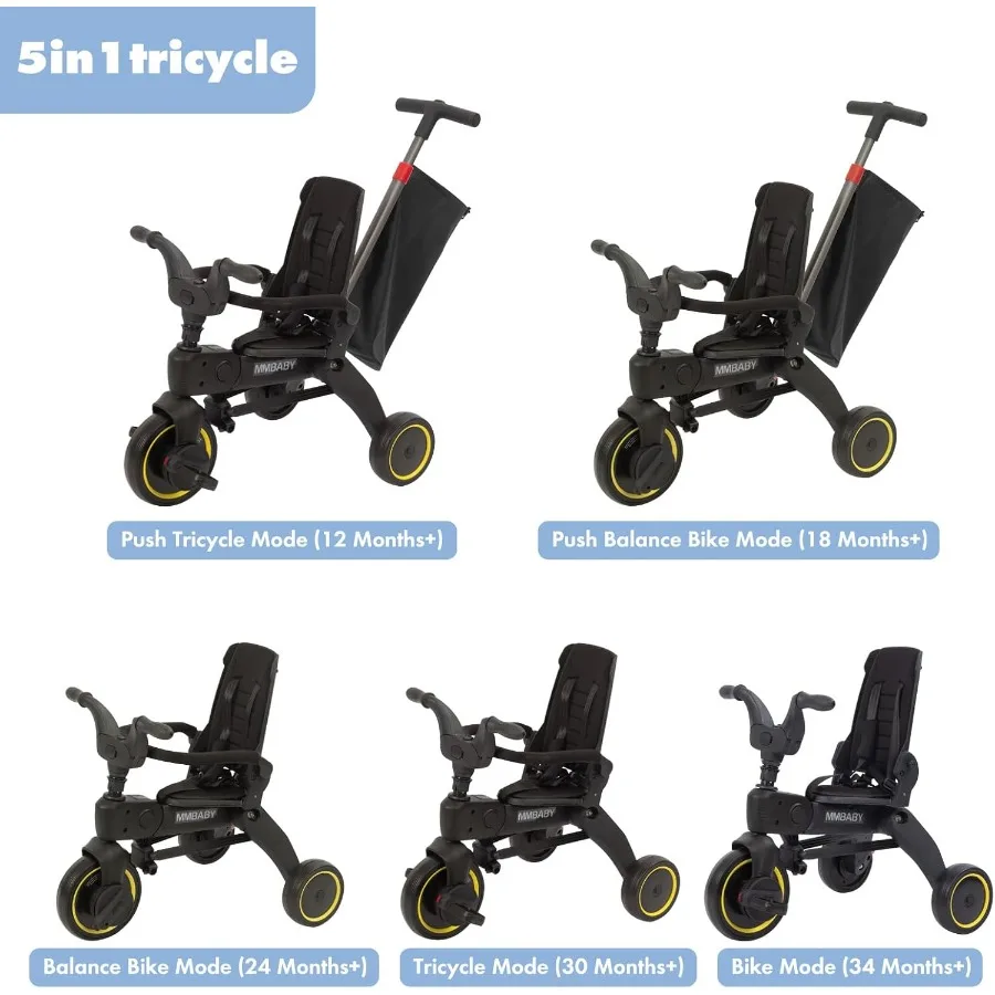 5-in-1 Compact Foldable Tricycle - Suitable for Toddlers 10 to 36 Months Push Tricycle Bike for Toddlers with Removable Handle