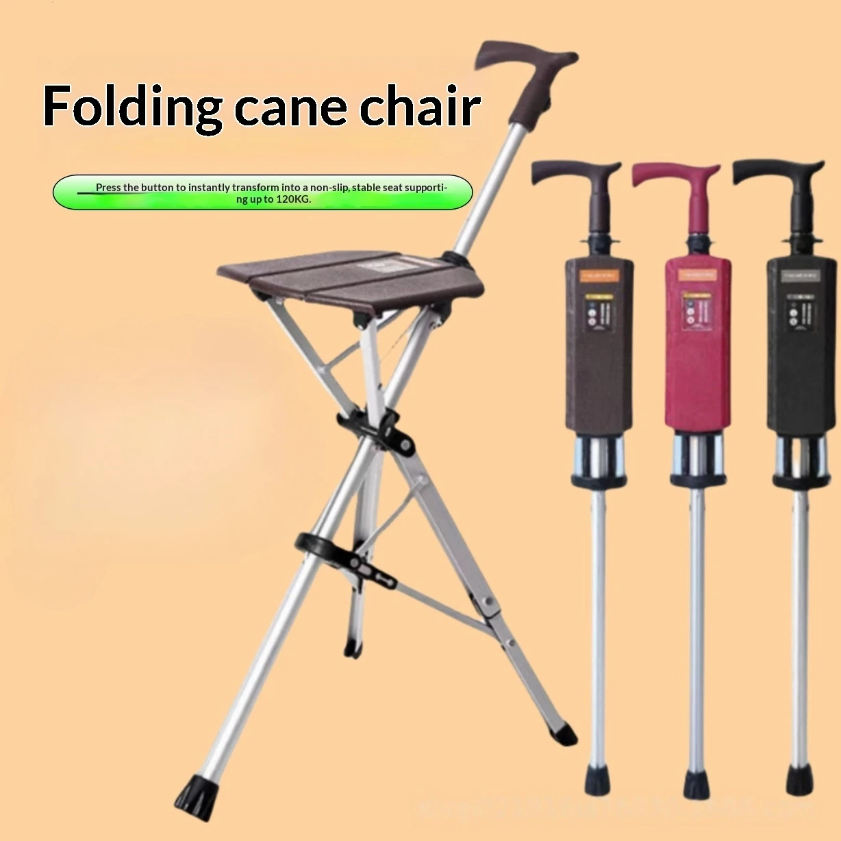 Crutch Chair, Foldable Crutch Stool For The Elderly, Multi-Functional Anti-Slip Crutches, Outdoor Hiking Stick, Portable Chair