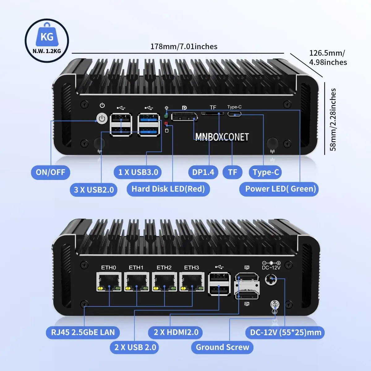 MNBOXCONET Mini PC N150 Firewall Fanless, DDR5 8GB RAM 128GB SSD Micro Desktop Computer 4 x 2.5GbE i226V LAN,