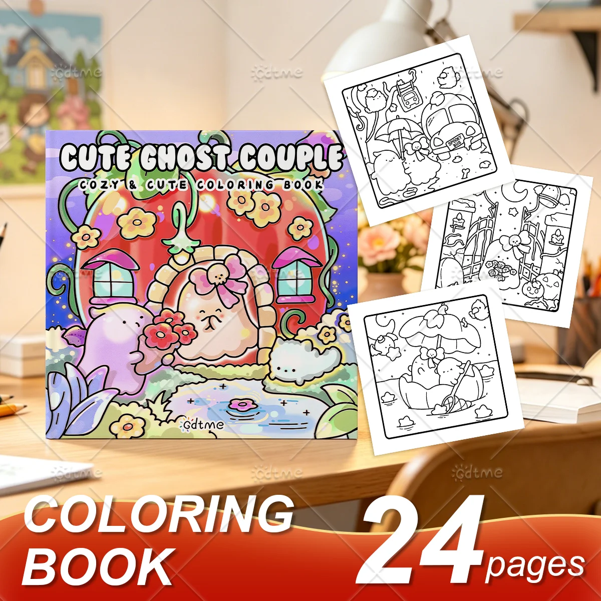 Cute Ghost Couple Coloring Book for Adults Cozy Kawaii Halloween Ghost Pumpkin Scenes Stress Relief Relaxing Art Drawing Book