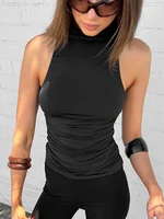 T-shirt sans manches en Fiber de Polyester pour femmes, Sexy, dos nu, couleur Pure, vêtements transfrontaliers, nouvelle collection été 2