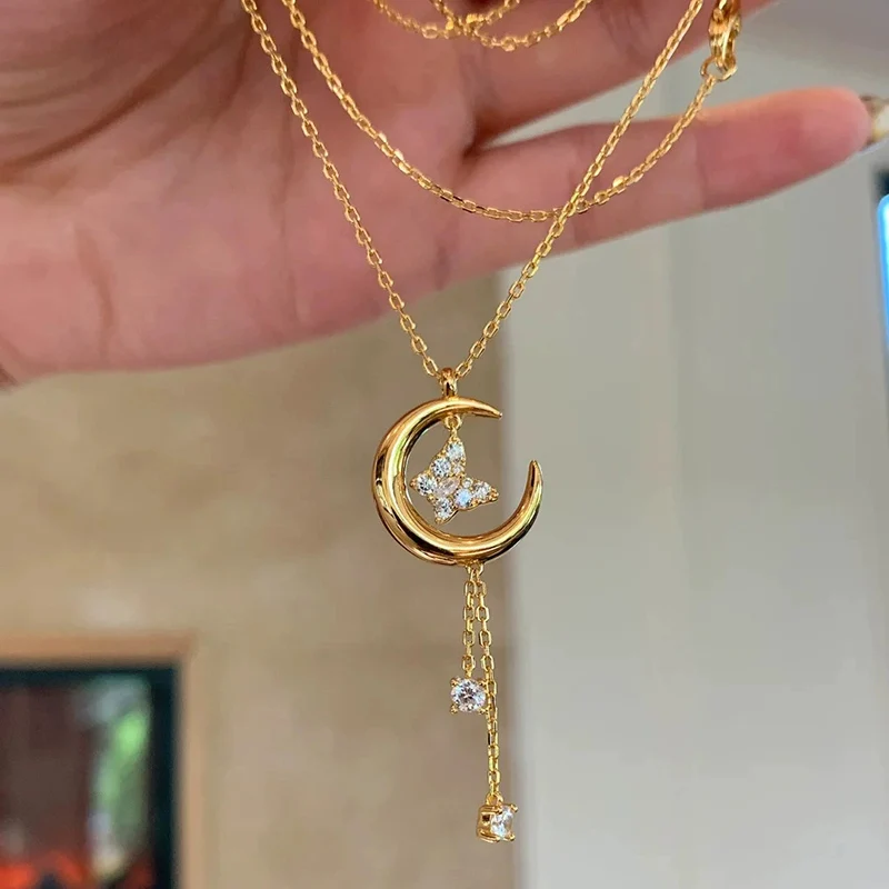 Romantic Moon Butterfly Tassel Necklace for Women Light Luxury Fashion Inlaid Zirconia Necklaces Unique Gift KOFSAC