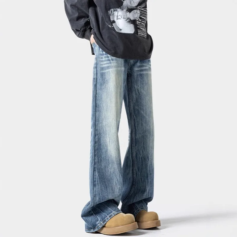 

Вытираемые джинсы с молниевым узором, мужские весенние американские широкие брюки больших размеров, дизайнерские брюки прямого кроя