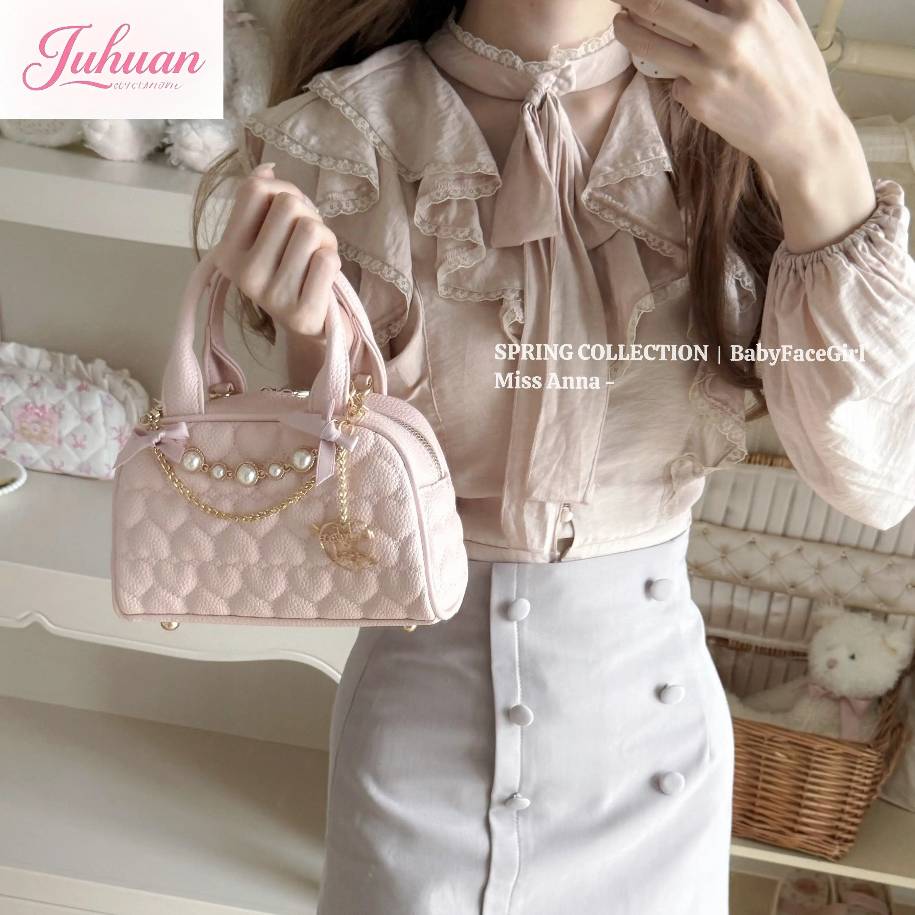 Japanese Original Lei Series Mass-produced Lolita Love Rhombus Bow Messenger Soft Girl Sweet and Cute Bowling Handbag for Woman