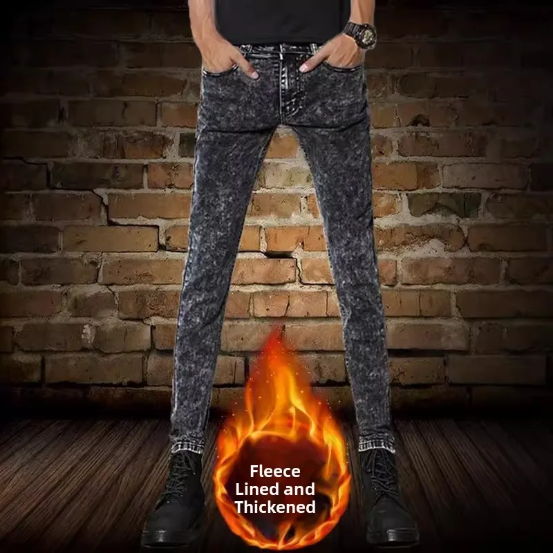 

Thiened Fce Lined Casual Jeans Men's Workwear Winter Warm Office Wear Men's Long Trousers Dirt Resistant Low Waist Zipper