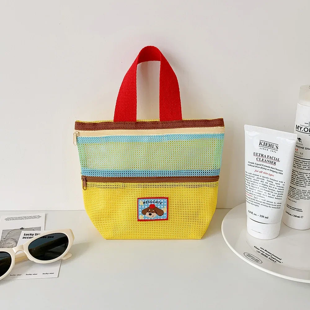 Damen-Kosmetiktasche aus Mesh mit Farbblock-Design, Tragegriff und süßem Applikationsmotiv, kleine Kosmetiktasche für die Aufbewahrung von Reiseutensilien im Alltag – Detail 18