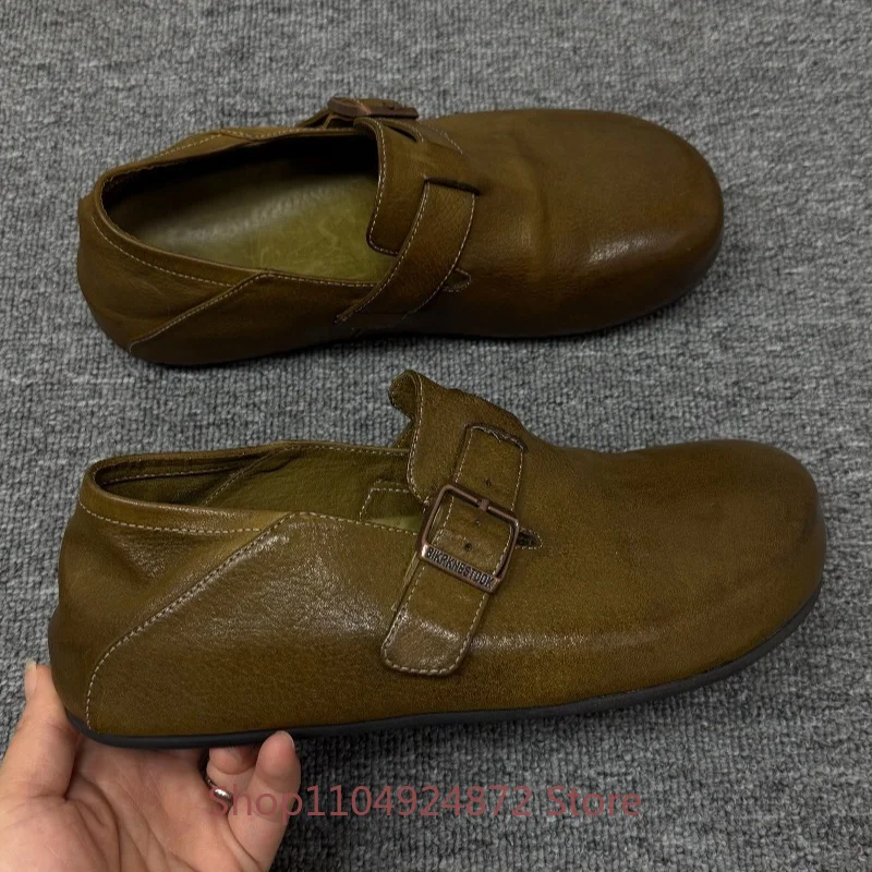 Vintage Washed Genuine Leather Mules Slip on Fashion Slippers Men's Flats Casual Half Slippers Handmade Leather Slide Shoes Male