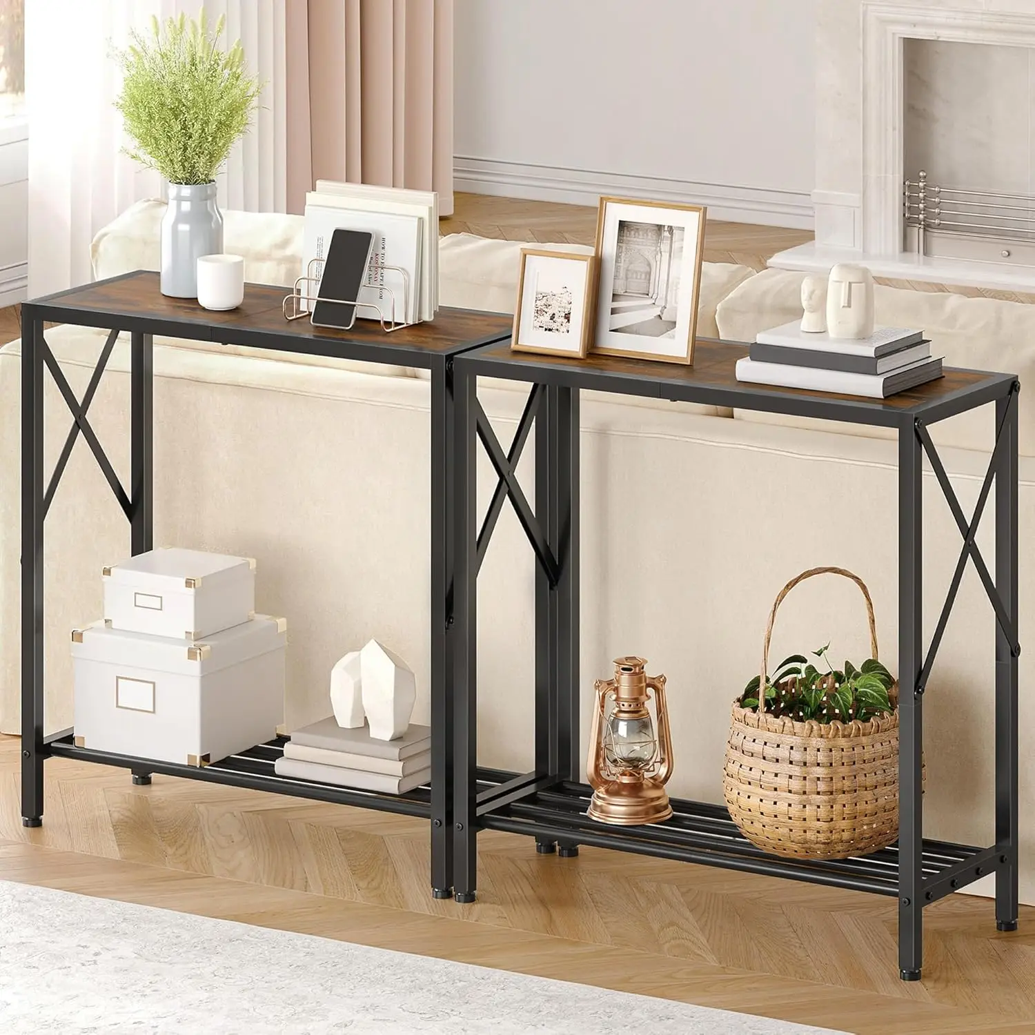 28.3''L Narrow Console Table with 2 Open Shelves, Rustic Brown for Entryway, Living Room, Office