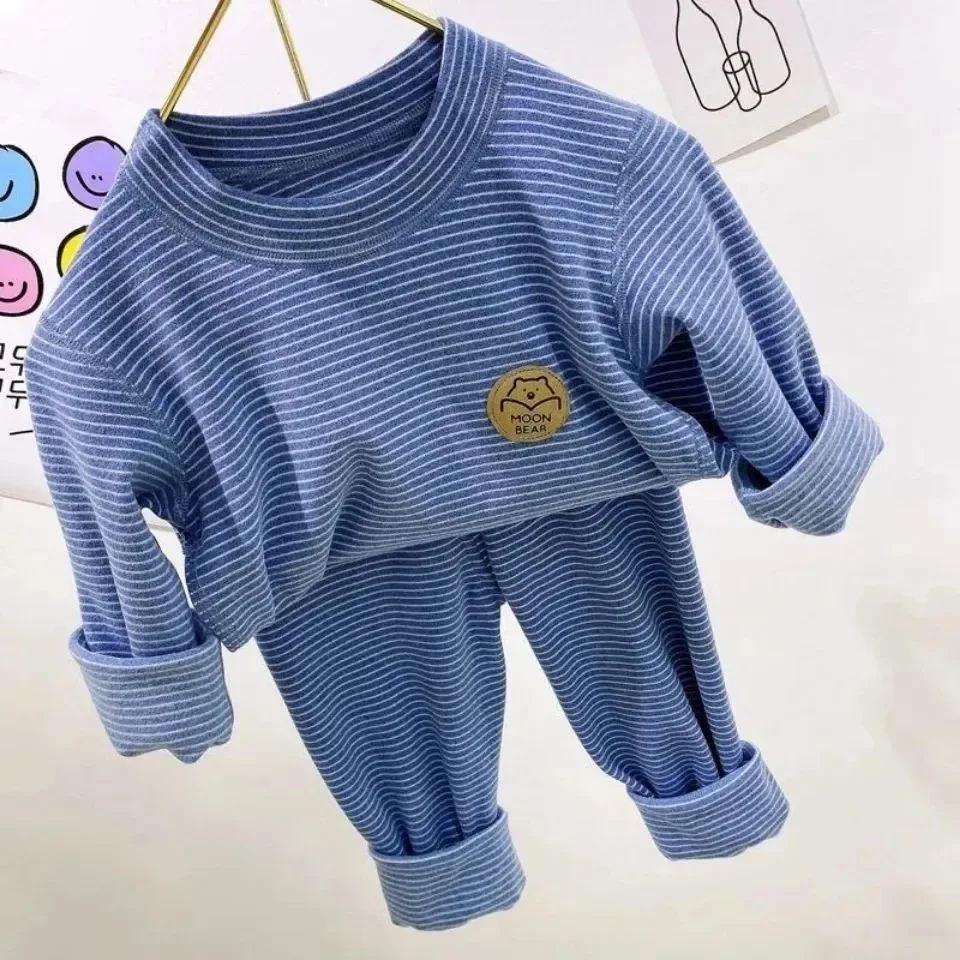 Autumn Children Boy 2PCS Pajamas Set Cotton bear Sticker Warm Pullovers+striped Leggings Baby Boy Outfit Kid Boy Loungewear Suit