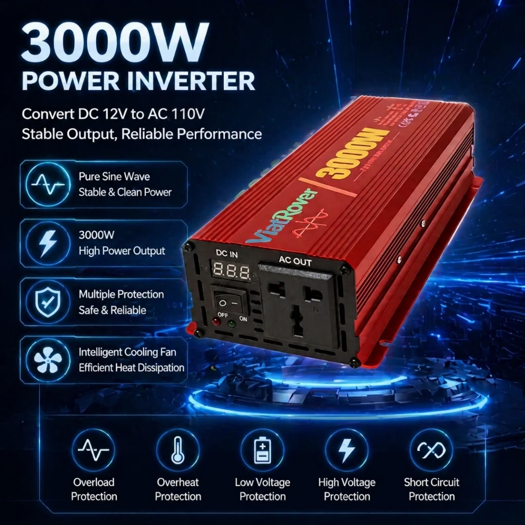 1500W Rated 3000W Peak Pure Sine Wave Inverter DC 12V to AC 110V 60Hz Car RV Power Converter US Socket