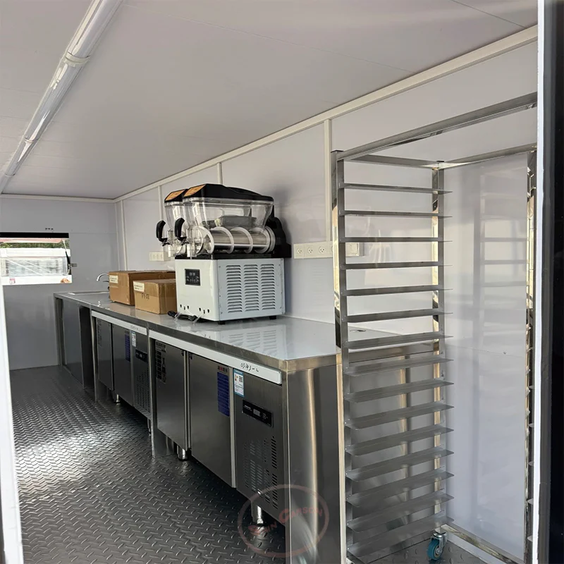 Outdoor Food Trailer Light Yellow Body with Black Borders Industrial Style Texture Design Mobile Kitchen Catering Truck