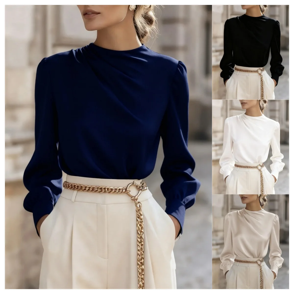 

Elegant Women's Long Sleeve Shirt Commuting Simple Pleated Shirts Tops Women Blusa Branca Feminina Блузка Женская Офисная 가을 여성옷