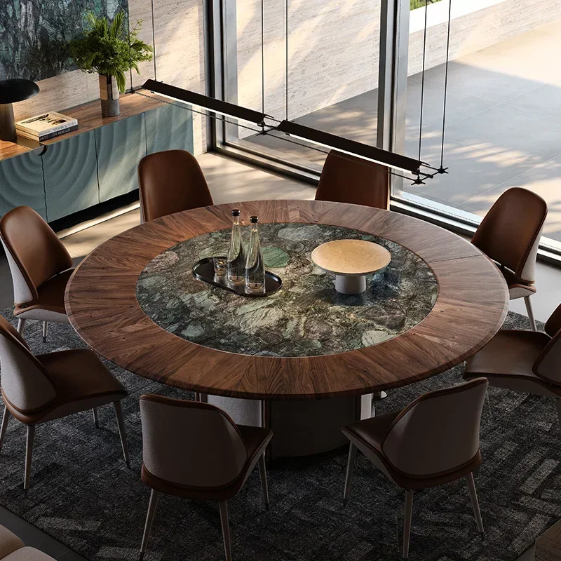 Dining room furniture Dining table Modern simple light luxury Natural luxury stone inlaid turntable  wood round dining table