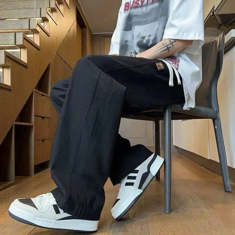 Summer Thin Casual Pants Men's Loose Large Size High Street Sports Straight Leg Korean Fashion Trend Matching Student Long Tr...