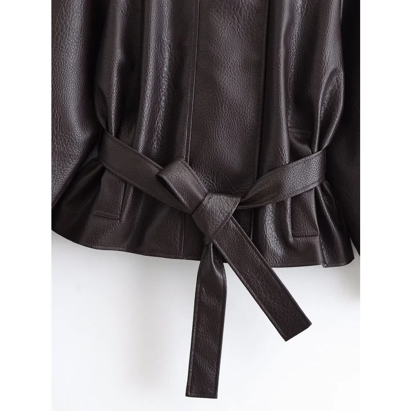 2026 Herbst Winter Damen Hochgeschlossene Kunstlederjacke Langarm mit Gürtel Vintage Streetwear Lässiger Damen-Oberbekleidungsmantel – Detail 10