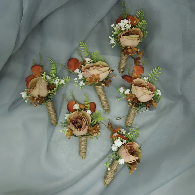 Boutonniere ช่อดอกไม้ข้อมือเลียนแบบวินเทจดอกไม้แห้งฉลองทางธุรกิจอุปกรณ์ตกแต่งคาราเมล441