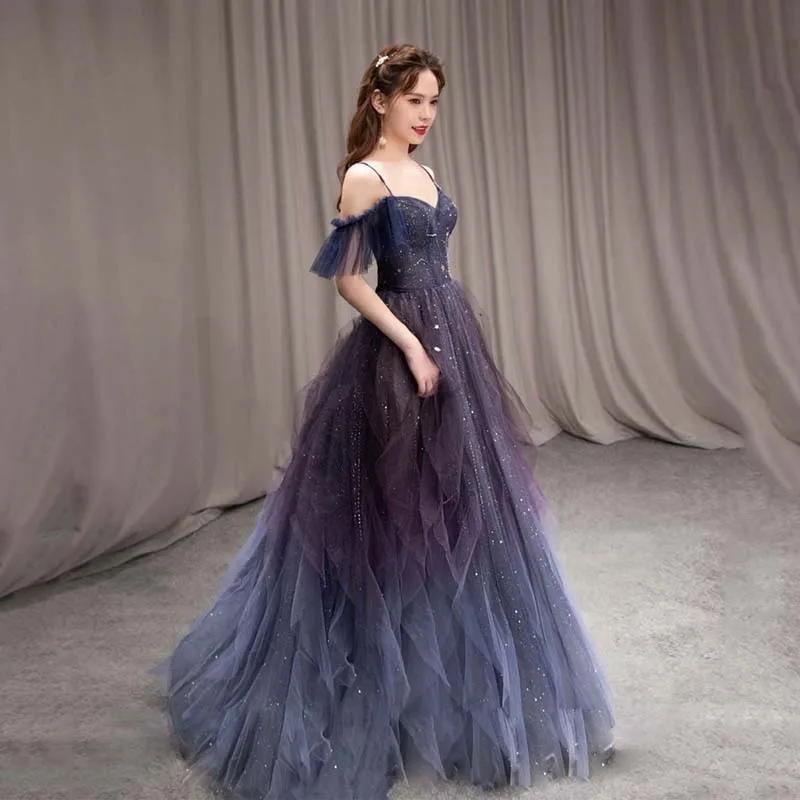 2024 New A Line Off Shoulder Strap Tulle Prom Dresses Women's Gradient Color Elegant Formal Occasion Party Dress Evening Gown