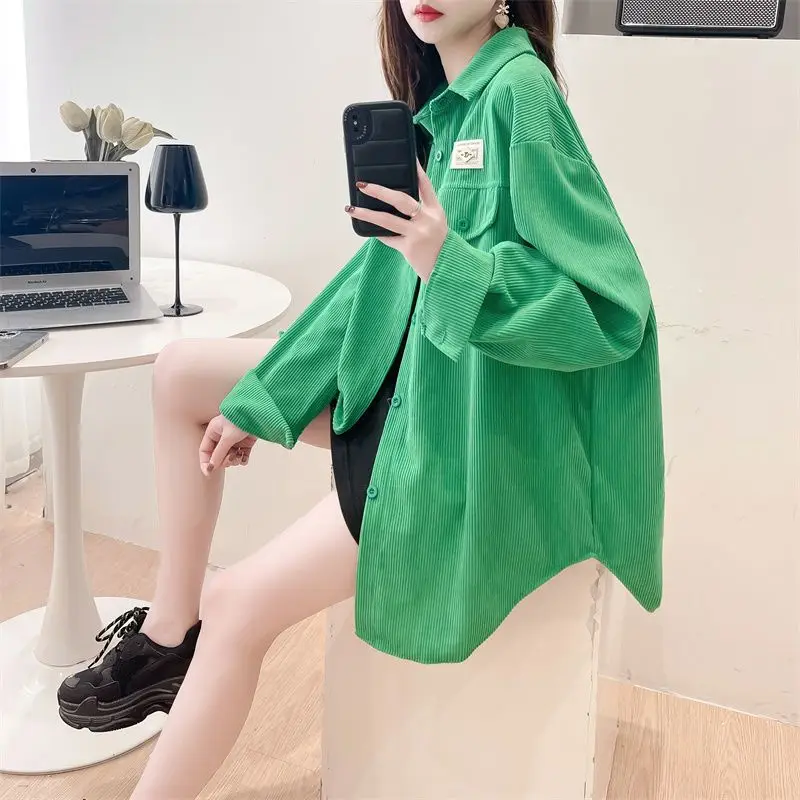 2025 printemps/automne femmes chemise coréenne solide revers fosse rayure Vintage velours côtelé chemise Femme mode Simple ample Harajuku hauts