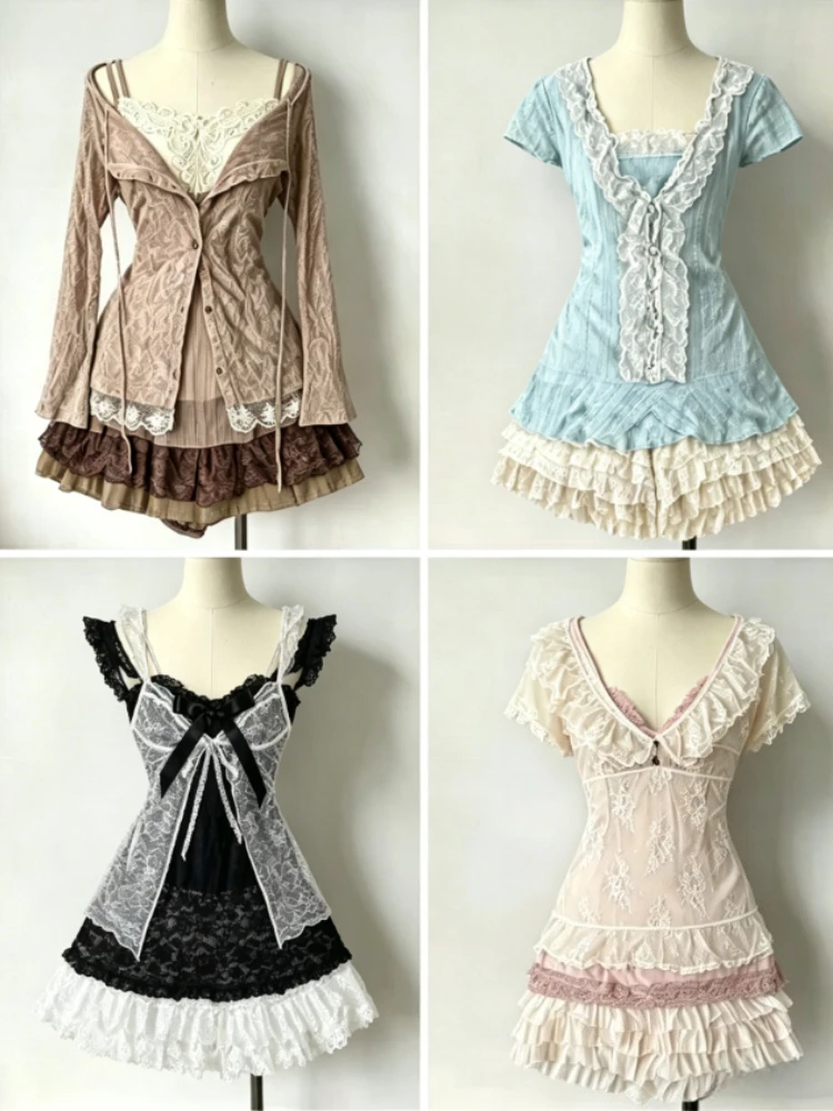 Gothic Retro Lolita Zweiteiler Set Y2K Street Fashion Spitzen-Tops Damen Stylischer Minirock Spicy Girl Street Casual Outfit