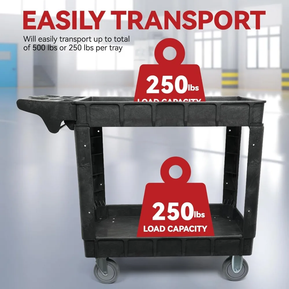 Carro utilitario con ruedas de 2 estantes, servicio resistente y carro de herramientas con ruedas, 40 x 17 pulgadas, capacidad de carga de 500 lb, ideal para garajes,