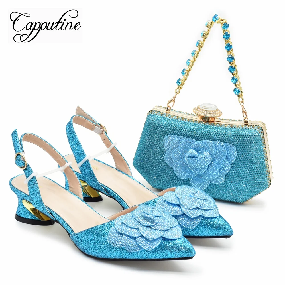 

Sky Blue Woman Shoes And Bag Set African Ladies Pumps Match With Handbag Purse Sandals Clutch Escarpins Femme Sandales 938-83