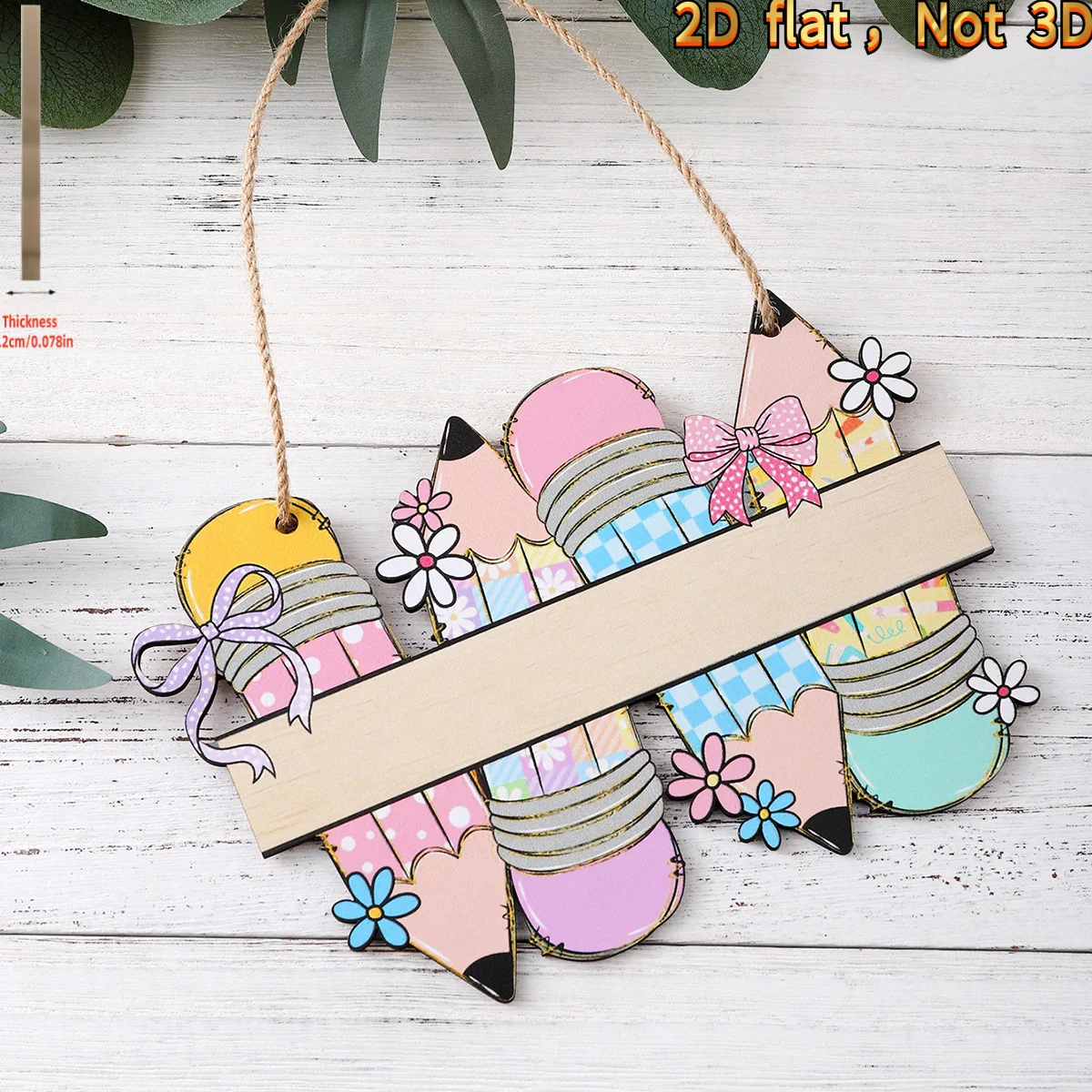 2D Flat,Back-To-School Welcome Sign  Cute School Pencil Wooden Hanging Decor, Wooden Classroom Wall Hanging, Suitable for School