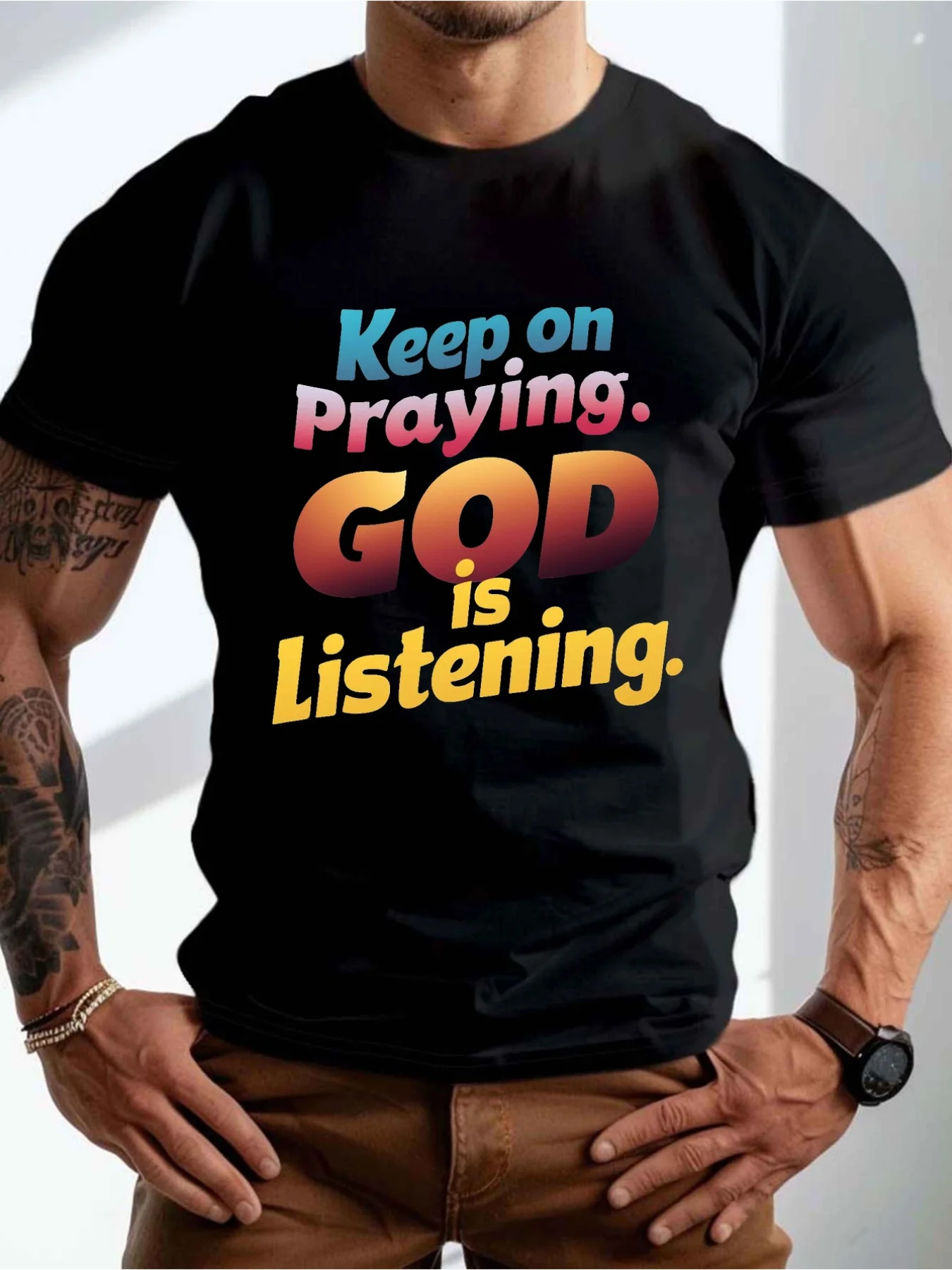 Keep On Praying God Is Listening Crinkle Plus Size Men'S T-Shirt | Crew Neck, Short Sleeve, All-Season, Casual And Street Style,